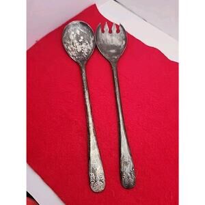 Vtg Silver-Plated Salad Serving Hostess Set Servers Made in Italy Ornate Handle